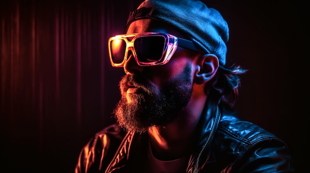 A man wearing goggles with a neon light on his face.