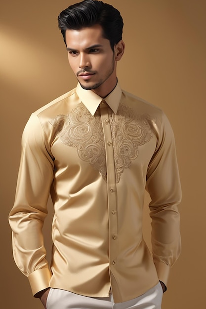 a man wearing a gold shirt with a floral pattern on the front