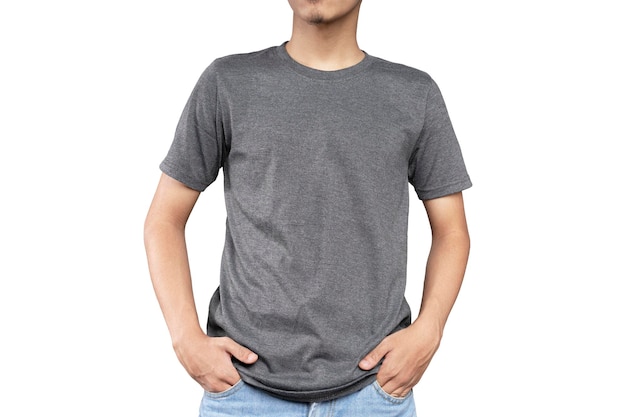 Man wearing a gray casual tshirt Front view of a mock up template for a tshirt design print