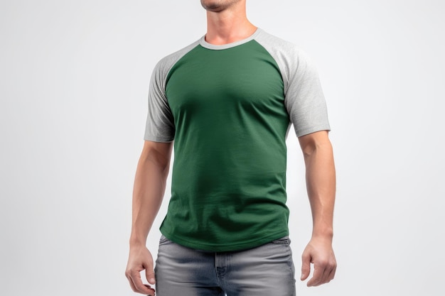 A man wearing a green and grey long sleeve baseball jersey with a green sleeve and a grey t - shirt that says'the word'on it '