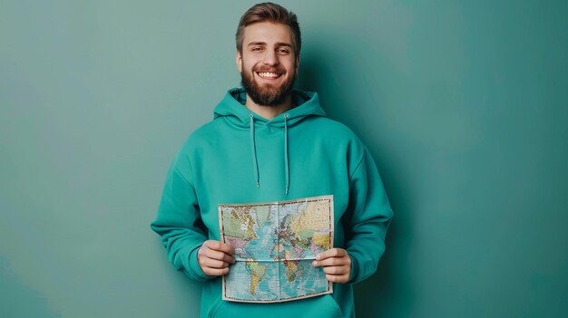 Photo a man wearing a green hoodie holding a map of the world