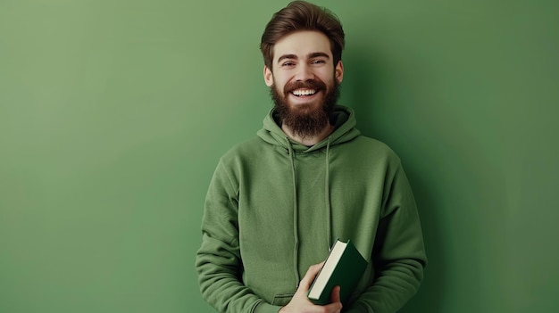 Photo a man wearing a green hoodie with a green book in his hand