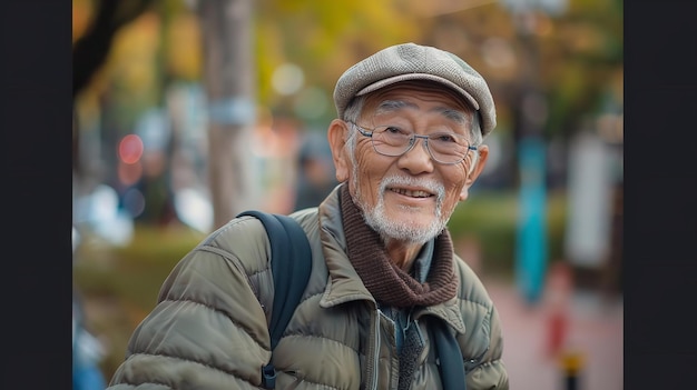 A man wearing a green jacket and a hat is smiling He is wearing glasses and has a beard