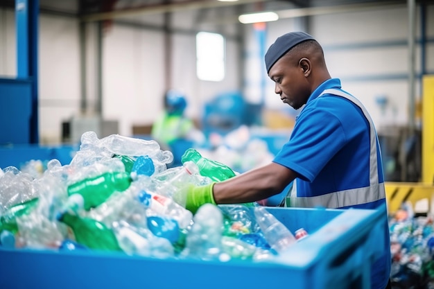 The man wearing green safety gear separating plastic into different categories