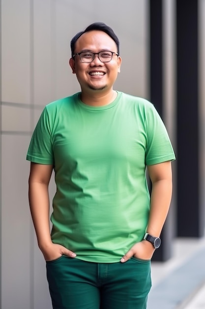 A man wearing a green shirt and a green hat stands on a sidewalk.