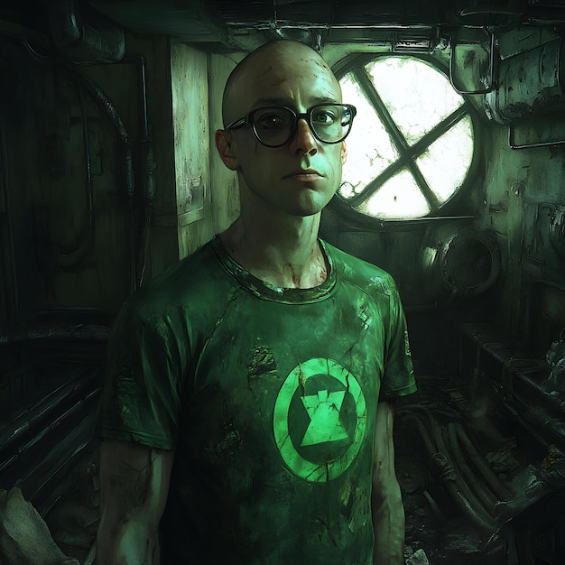 Photo a man wearing a green shirt with a round symbol on it