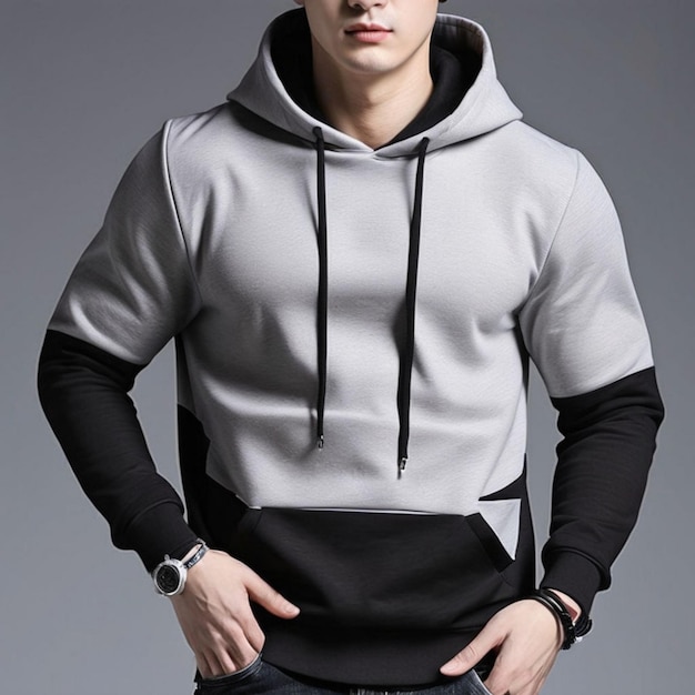 a man wearing a grey hoodie with a black shirt that says quot hes wearing a watch quot