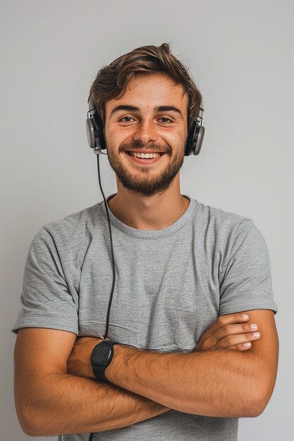 a man wearing a grey shirt with the word quot on it quot