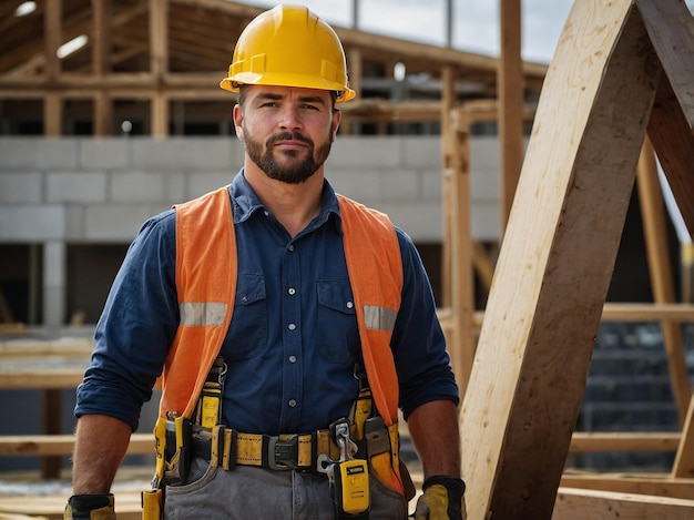 Photo a man wearing a hard hat and carrying a bunch of guns