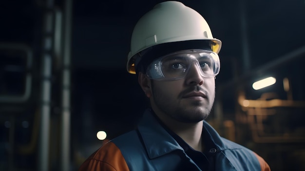 A man wearing a hard hat and glasses stands in front of a dark background.