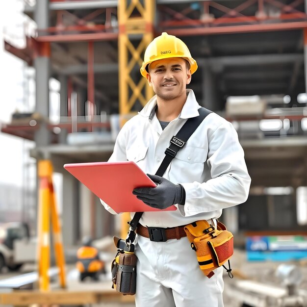 a man wearing a hard hat and gloves holds a red folder