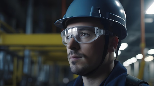 A man wearing a hard hat and goggles stands in a factory.