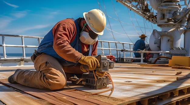 A man wearing a hard hat and a hard hat is working on a wooden deck