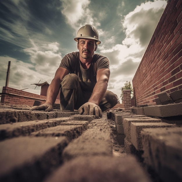 A man wearing a hard hat and a hard hat lays bricks on a roof.