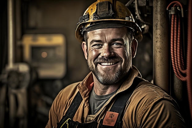 A man wearing a hard hat and a hard hat smiles at the camera.