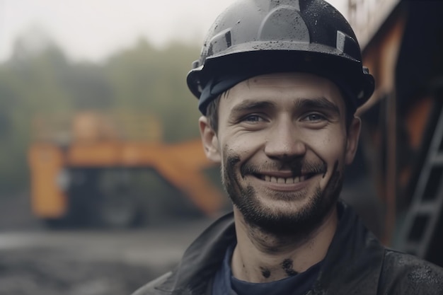 A man wearing a hard hat and a hard hat stands in front of a large orange excavator