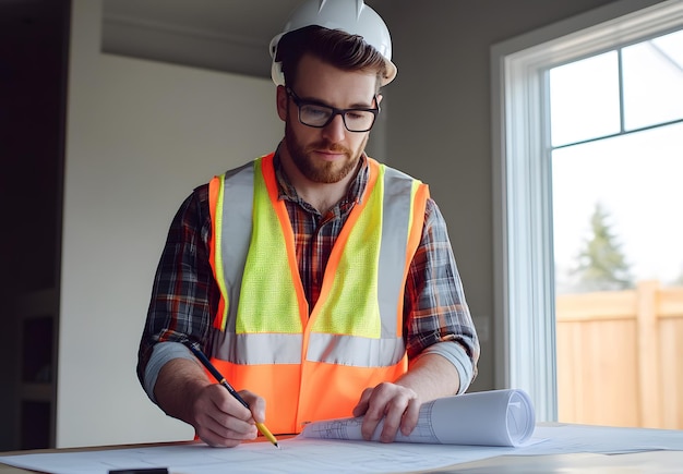 Photo a man wearing a hard hat and holding a pencil and writing on a piece of paper