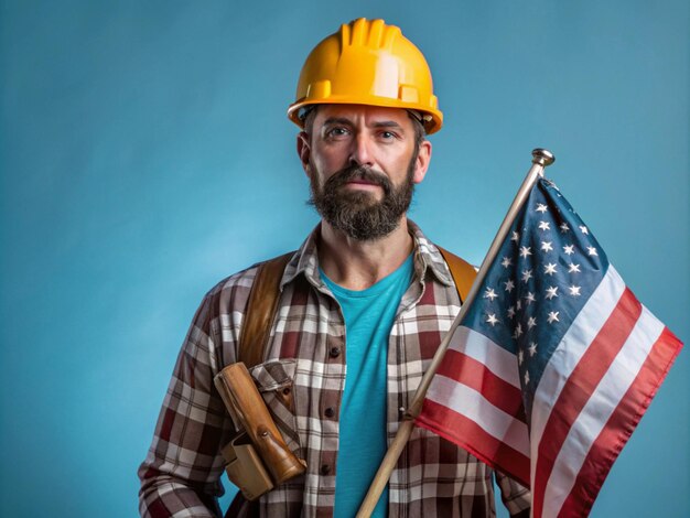 Photo a man wearing a hard hat holds a flag and a tool with a handle