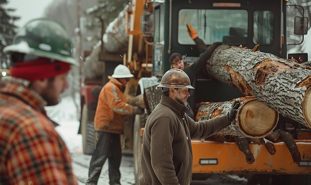 Photo a man wearing a hard hat is carrying a large log