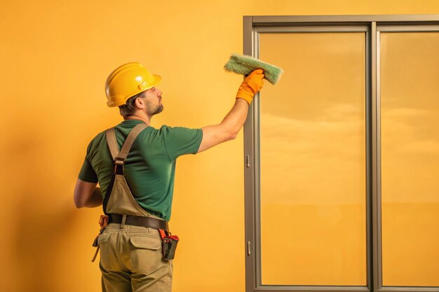 Photo a man wearing a hard hat is holding a broom in front of a door