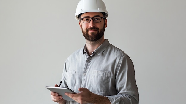 Photo a man wearing a hard hat is holding a clipboard and looking at a camera