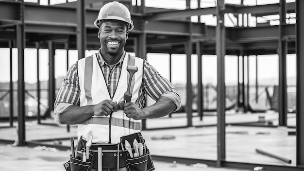 a man wearing a hard hat is holding a drum set