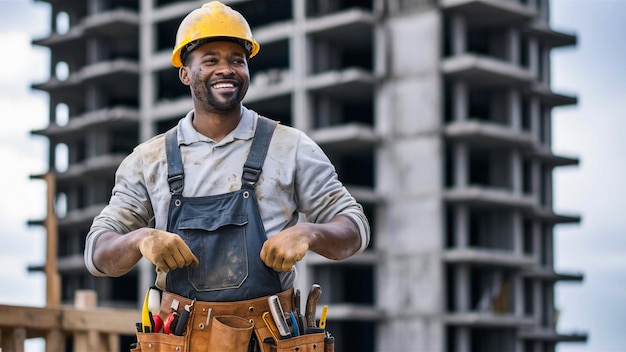 a man wearing a hard hat is holding a drum