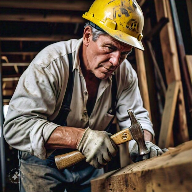 a man wearing a hard hat is holding a hammer in his hand