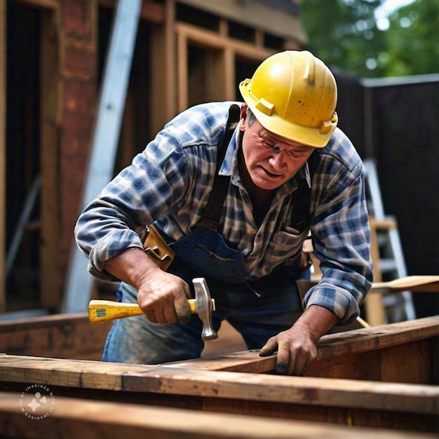 a man wearing a hard hat is holding a hammer in his hand