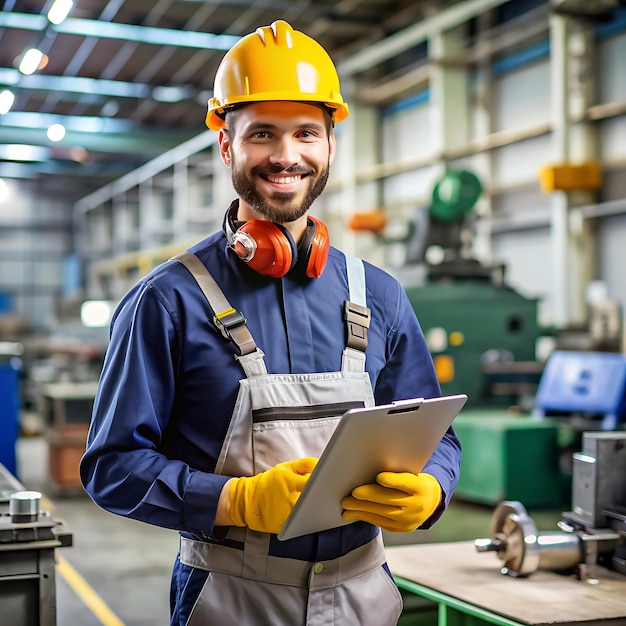 a man wearing a hard hat is holding a tablet in a factory