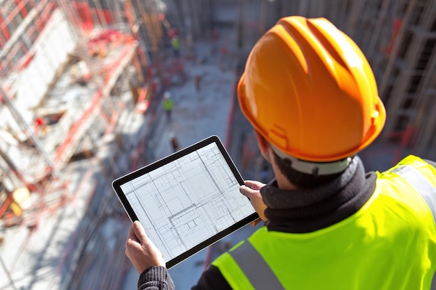 a man wearing a hard hat is holding a tablet with a drawing on it