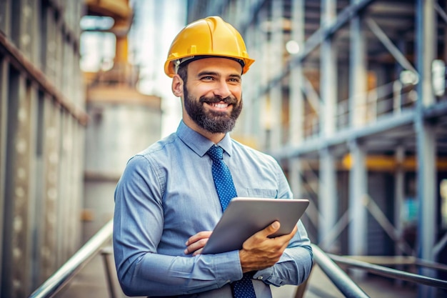 a man wearing a hard hat is holding a tablet with a yellow hard hat on it