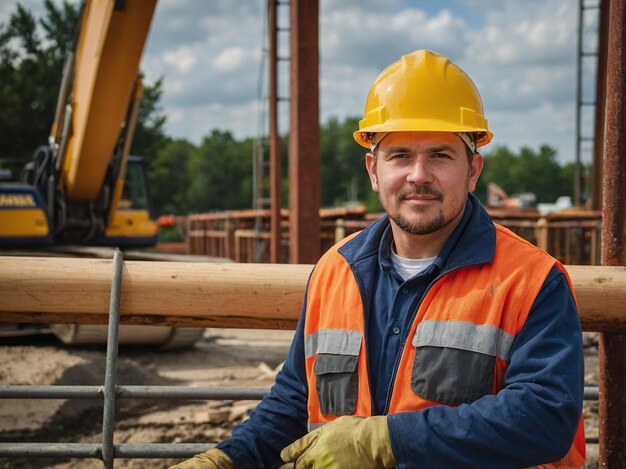 Photo a man wearing a hard hat is sitting on a construction site