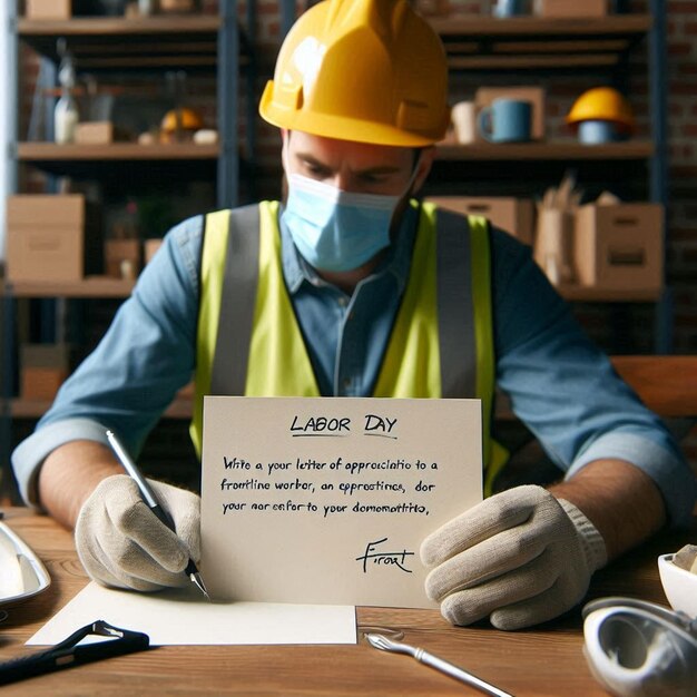 Photo a man wearing a hard hat is sitting at a table with a paper that saysgifton it