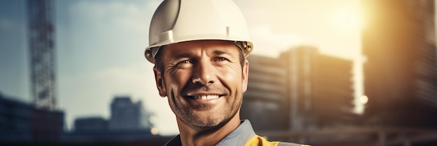 a man wearing a hard hat is smiling at the camera.