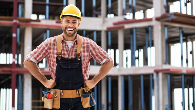 a man wearing a hard hat is smiling in front of a construction site