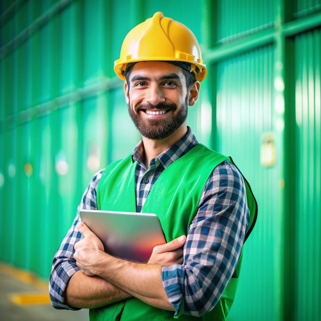 a man wearing a hard hat is smiling and holding a tablet