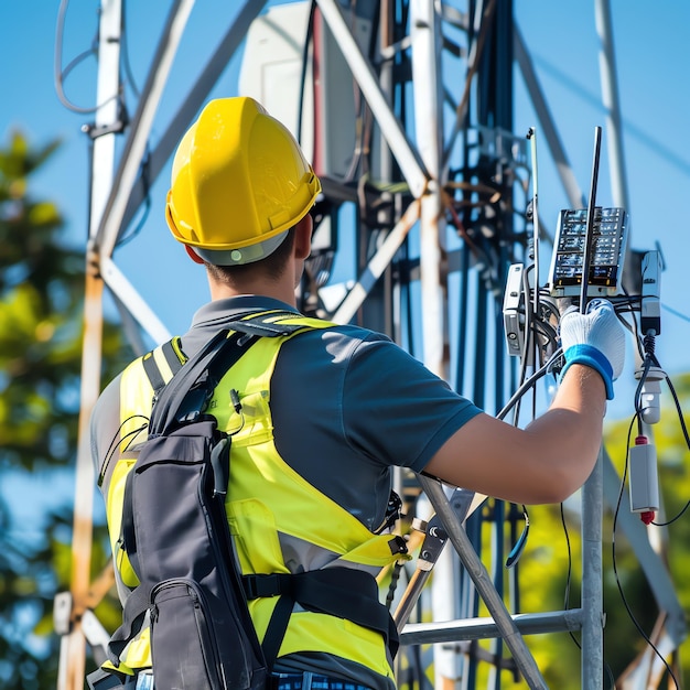 A man wearing a hard hat is stands or working on a electric power line or repairing the network