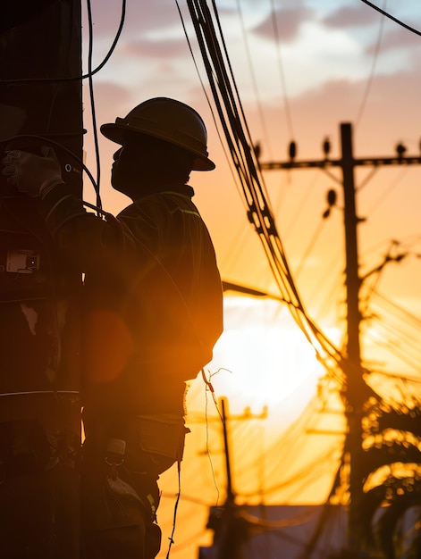 A man wearing a hard hat is stands or working on a electric power line or repairing the network