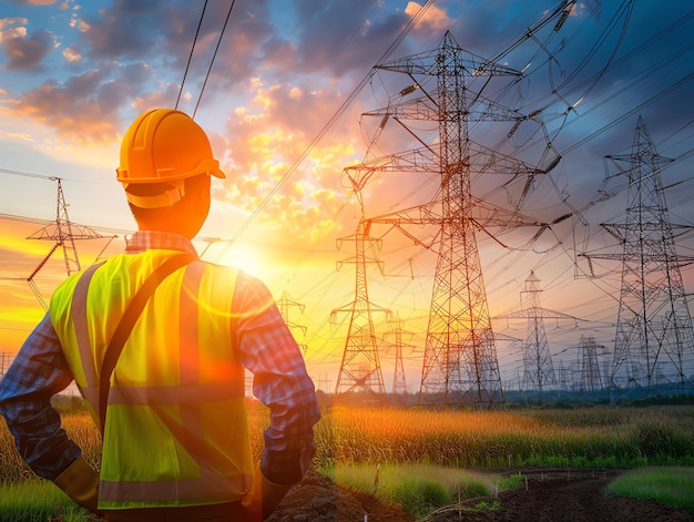 A man wearing a hard hat is stands or working on a electric power line or repairing the network