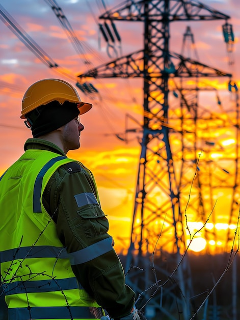 A man wearing a hard hat is stands or working on a electric power line or repairing the network