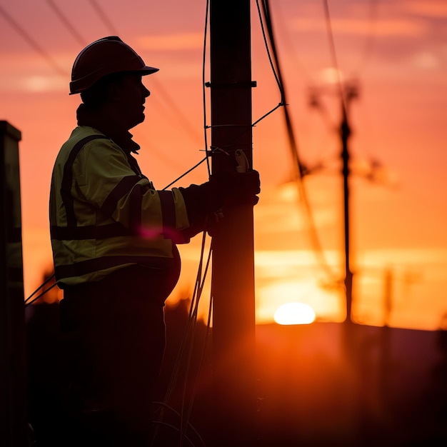 A man wearing a hard hat is stands or working on a electric power line or repairing the network