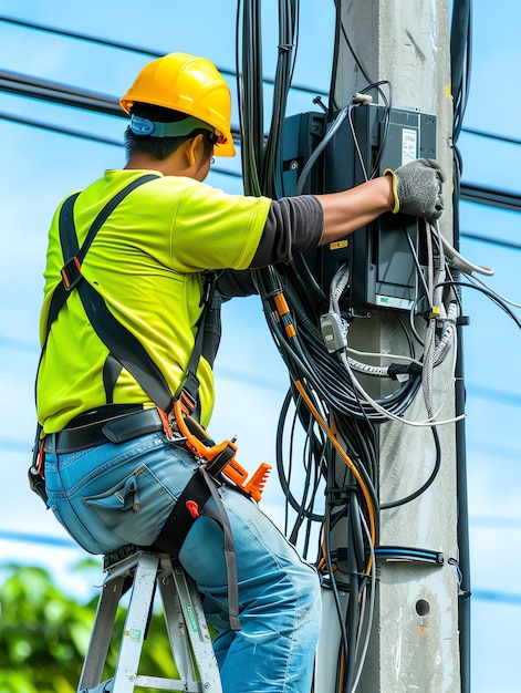 A man wearing a hard hat is stands or working on a electric power line or repairing the network