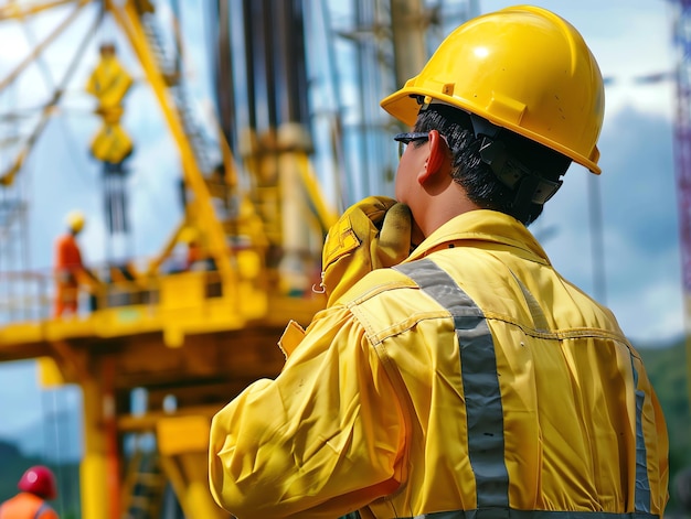 A man wearing a hard hat is stands or working on a electric power line or repairing the network