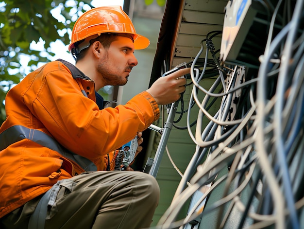 Photo a man wearing a hard hat is stands or working on a electric power line or repairing the network