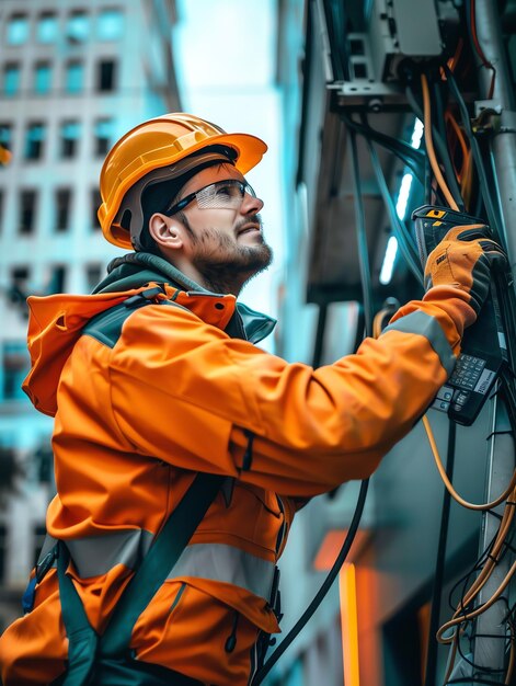 A man wearing a hard hat is stands or working on a electric power line or repairing the network