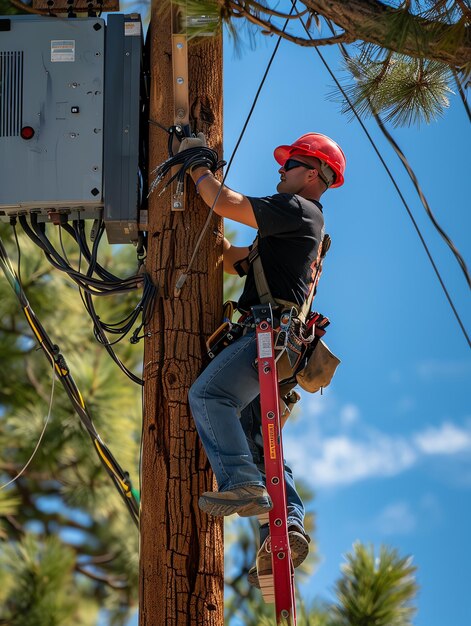 A man wearing a hard hat is stands or working on a electric power line or repairing the network