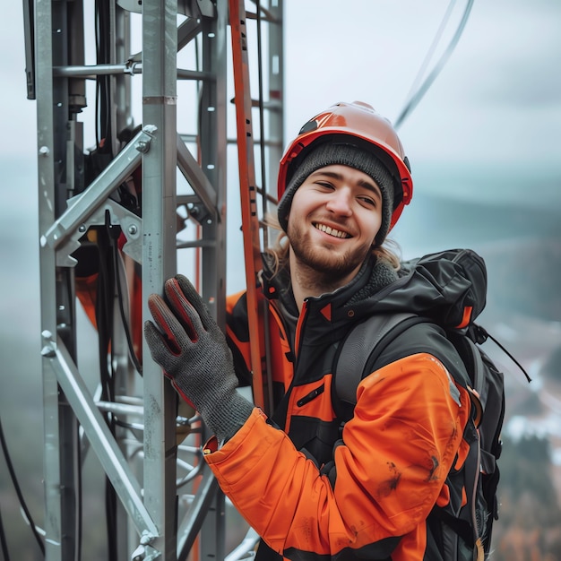 Photo a man wearing a hard hat is stands or working on a electric power line or repairing the network