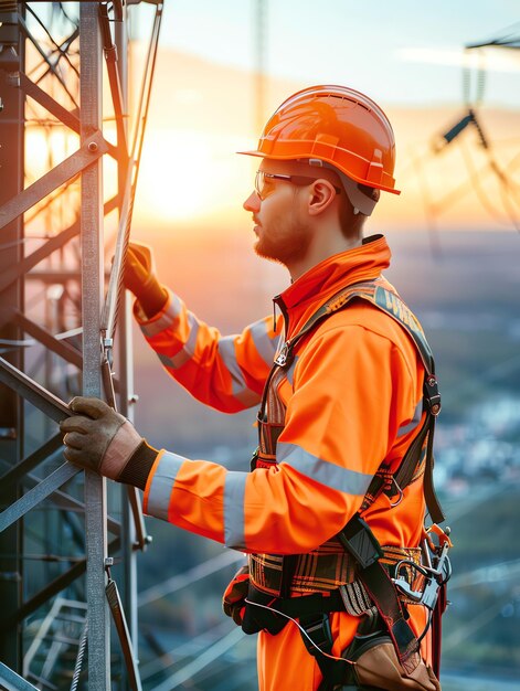 A man wearing a hard hat is stands or working on a electric power line or repairing the network