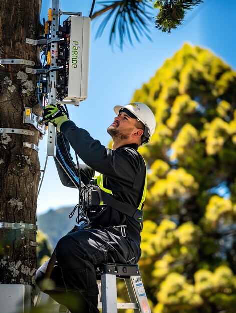 A man wearing a hard hat is stands or working on a electric power line or repairing the network